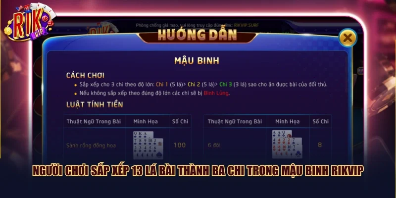 Người chơi sắp xếp 13 lá bài thành ba chi trong Mậu binh Rikvip